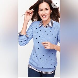 Talbots Shaker Stitch Pima Cotton Pastel Blue Navy Polka Dot Sweater Petite XL